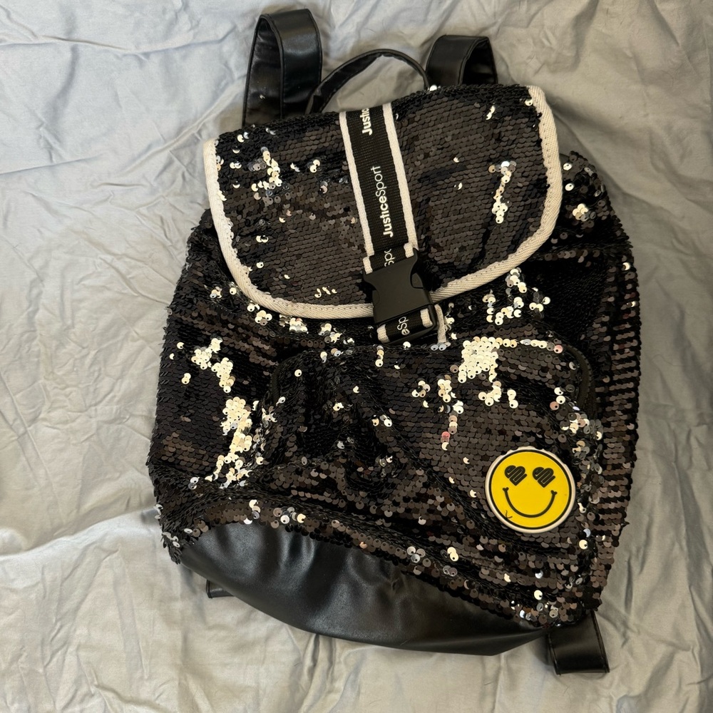 Black Sequin Kids Backpack with Smiley Patch